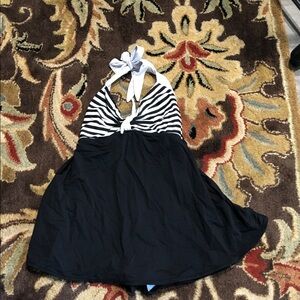 COCOSHIP Black and White Striped Halter Swimdress